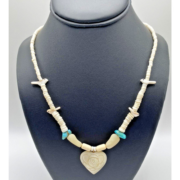 Unbranded Jewelry - Vintage Southwest Heishi Shell Fetish Necklace Turquoise Carved MOP Heart Birds